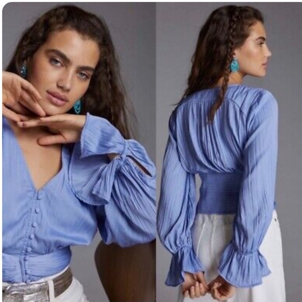 Anthropologie Blue Satin Smocked Pleated Blouse